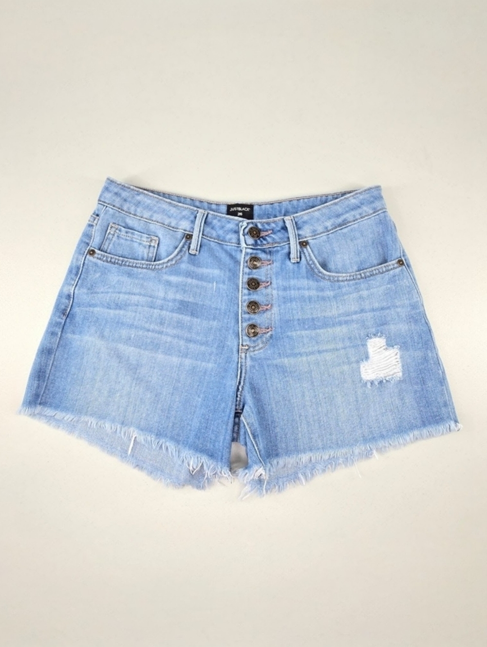 Just Black Distressed Stretch Denim Shorts Button Fly Frayed Hem Size 26